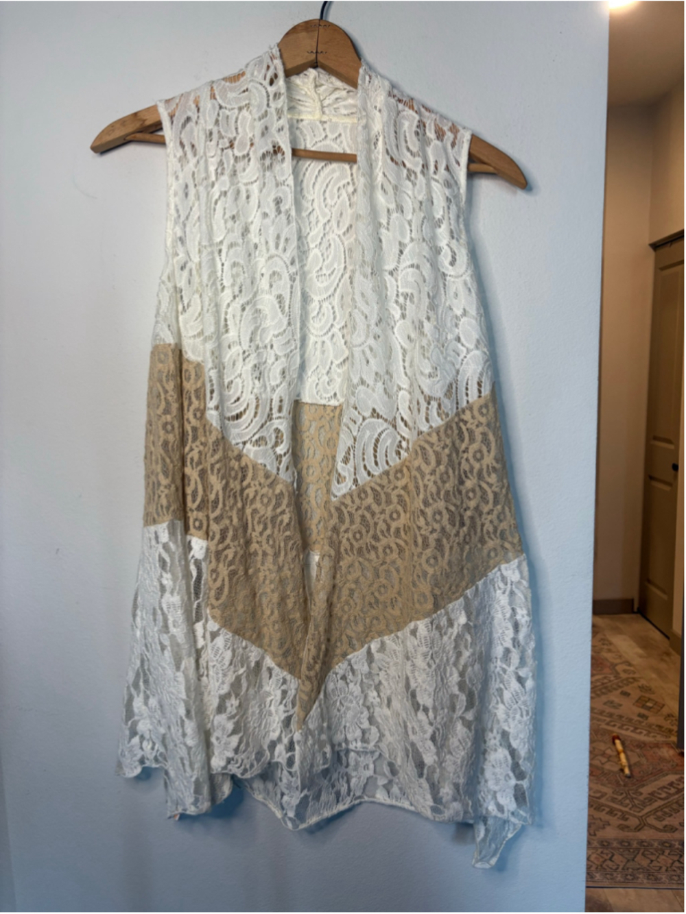 Boho Lace Kimono Vest Ivory Beige Sleeveless Duster Cardigan Open Front